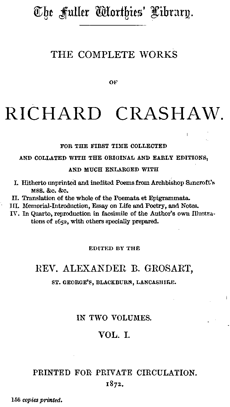 The Complete Works of Richard Crashaw, Volume I
