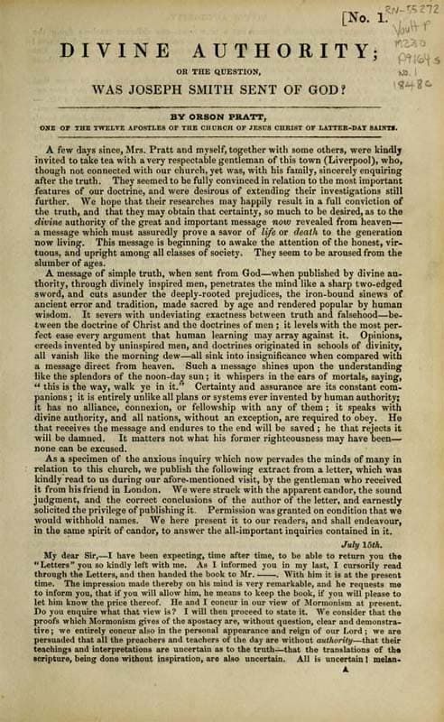 Divine Authority; Or, The Question: Was Joseph Smith Sent of God?
