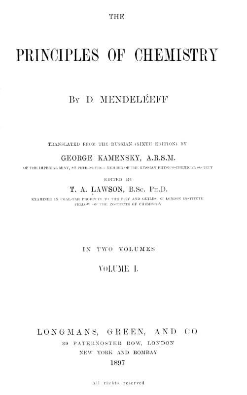 The Principles of Chemistry, Volume I