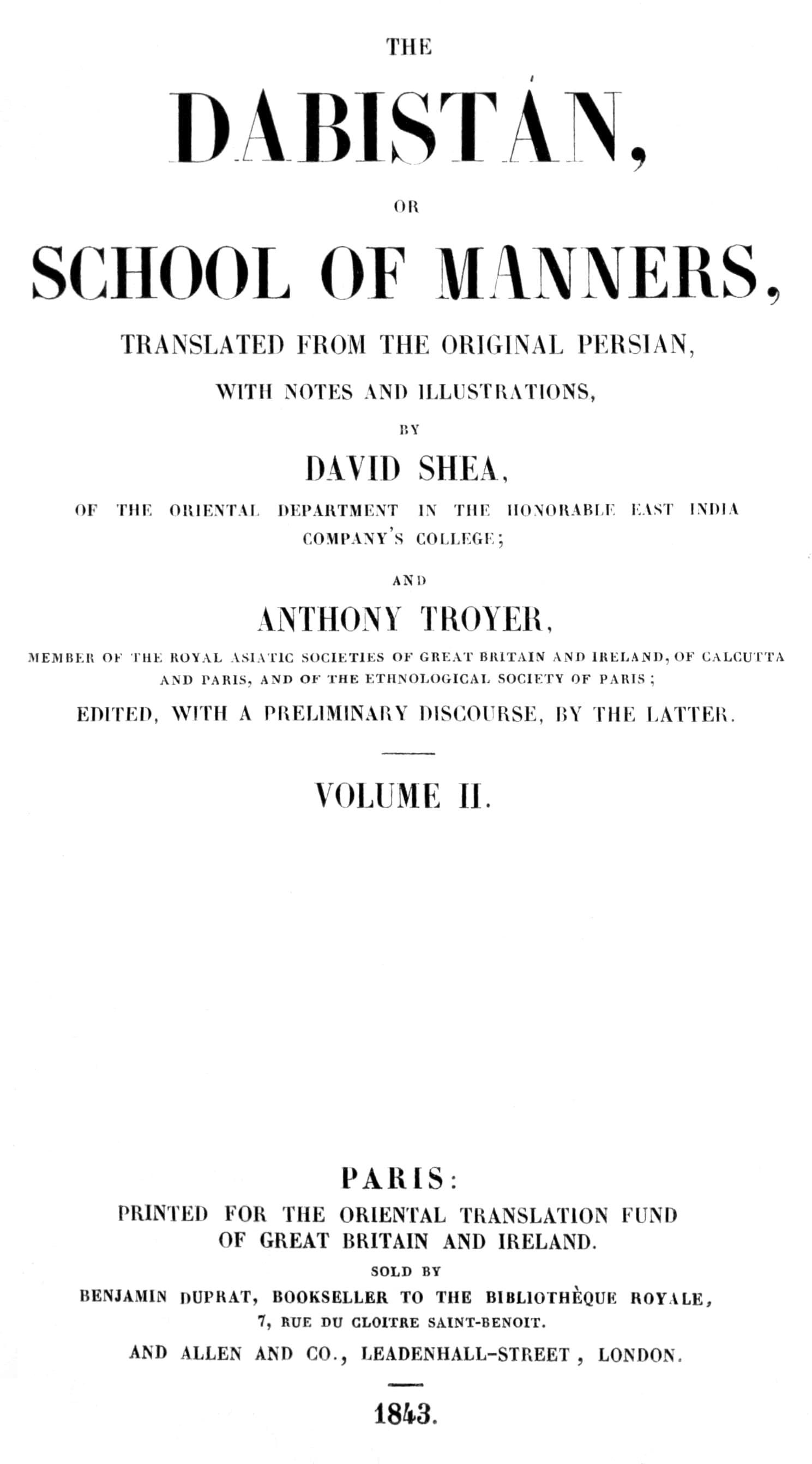 The Dabistán, or School of manners, Volume 2 (of 3)