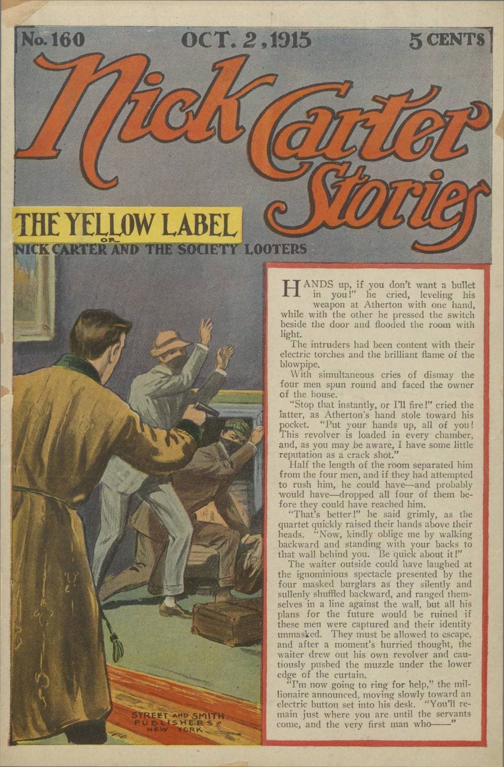 Nick Carter Stories No. 160, October 2, 1915: The Yellow Label; Or, Nick Carter and the Society Looters.
