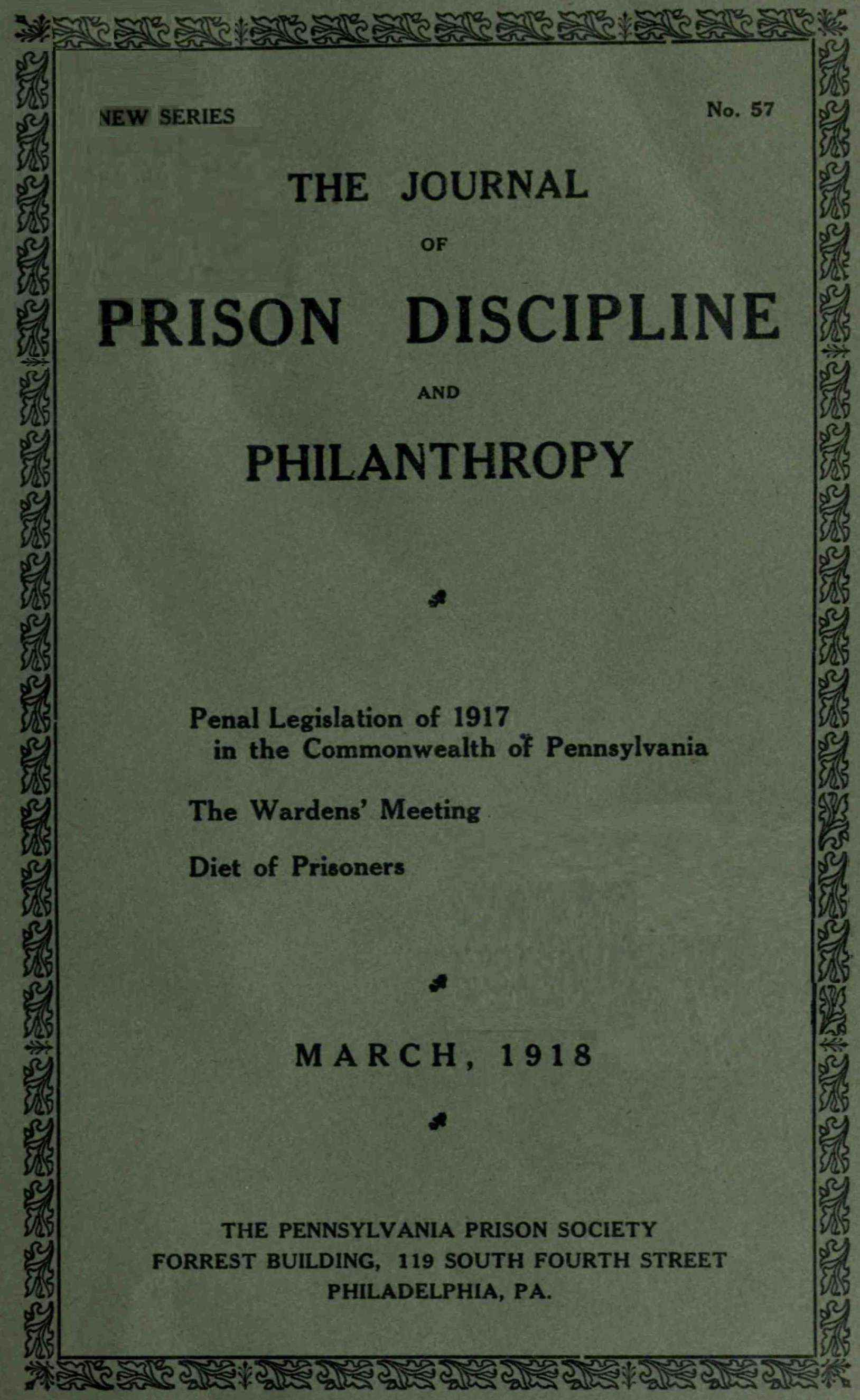 The Journal of Prison Discipline and Philanthropy (new Series, No. 57), March, 1918