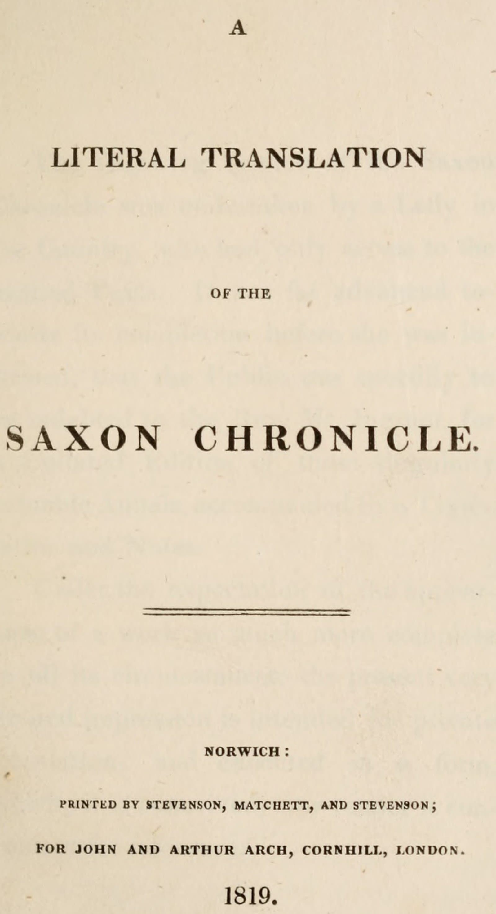 A Literal Translation of the Saxon Chronicle