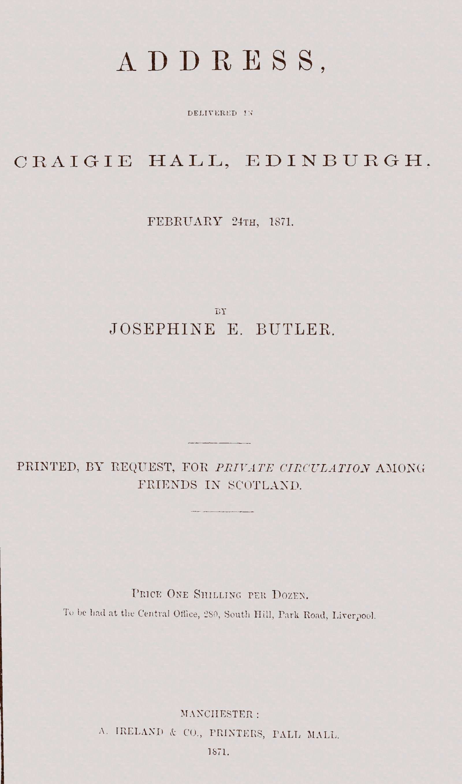 Address, Delivered in Craigie Hall, Edinburgh, February 24th, 1871