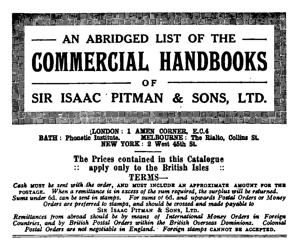 An Abridged List of Commercial Handbooks of Sir Isaac Pitman & Sons, Ltd.