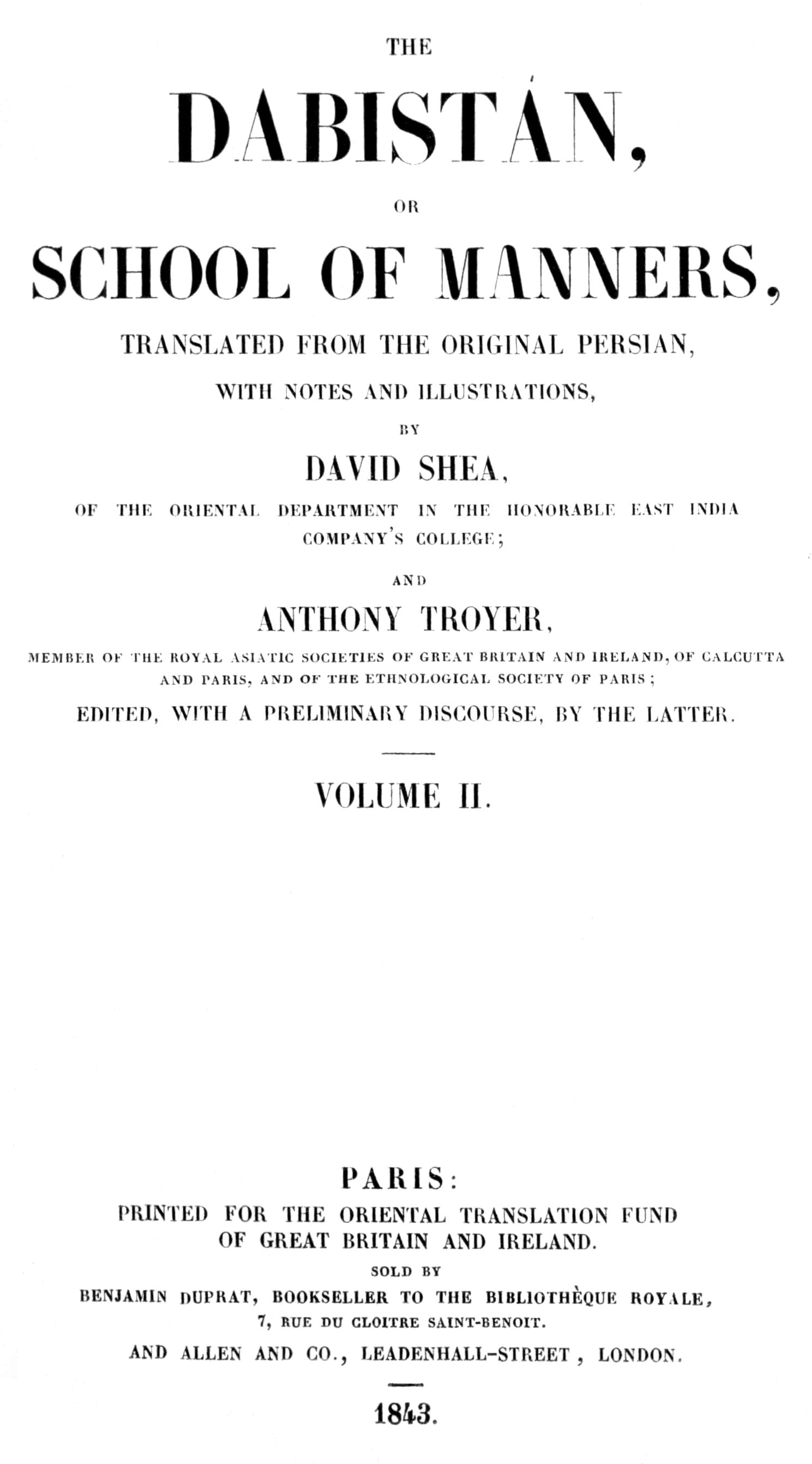 The Dabistán, or School of manners, Volume 2 (of 3)