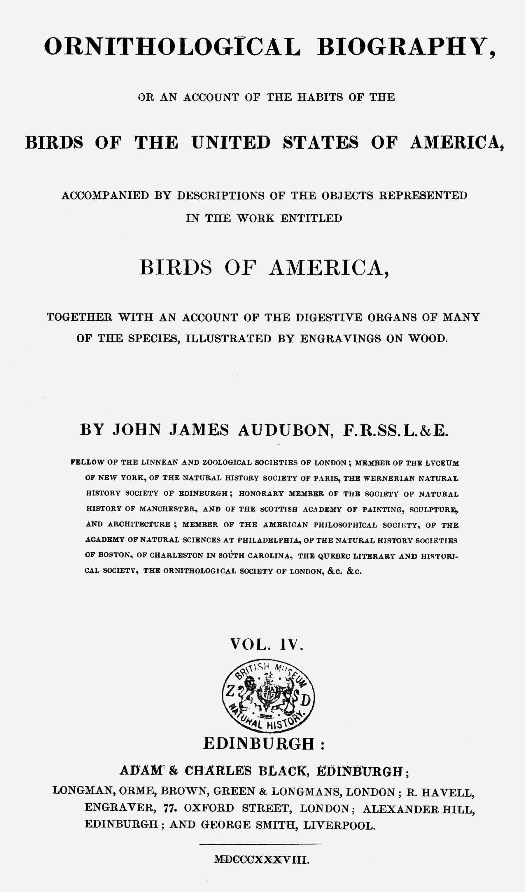 Ornithological Biography, Vol. 4 (of 5): An Account of the Habits of the Birds of the United States of America