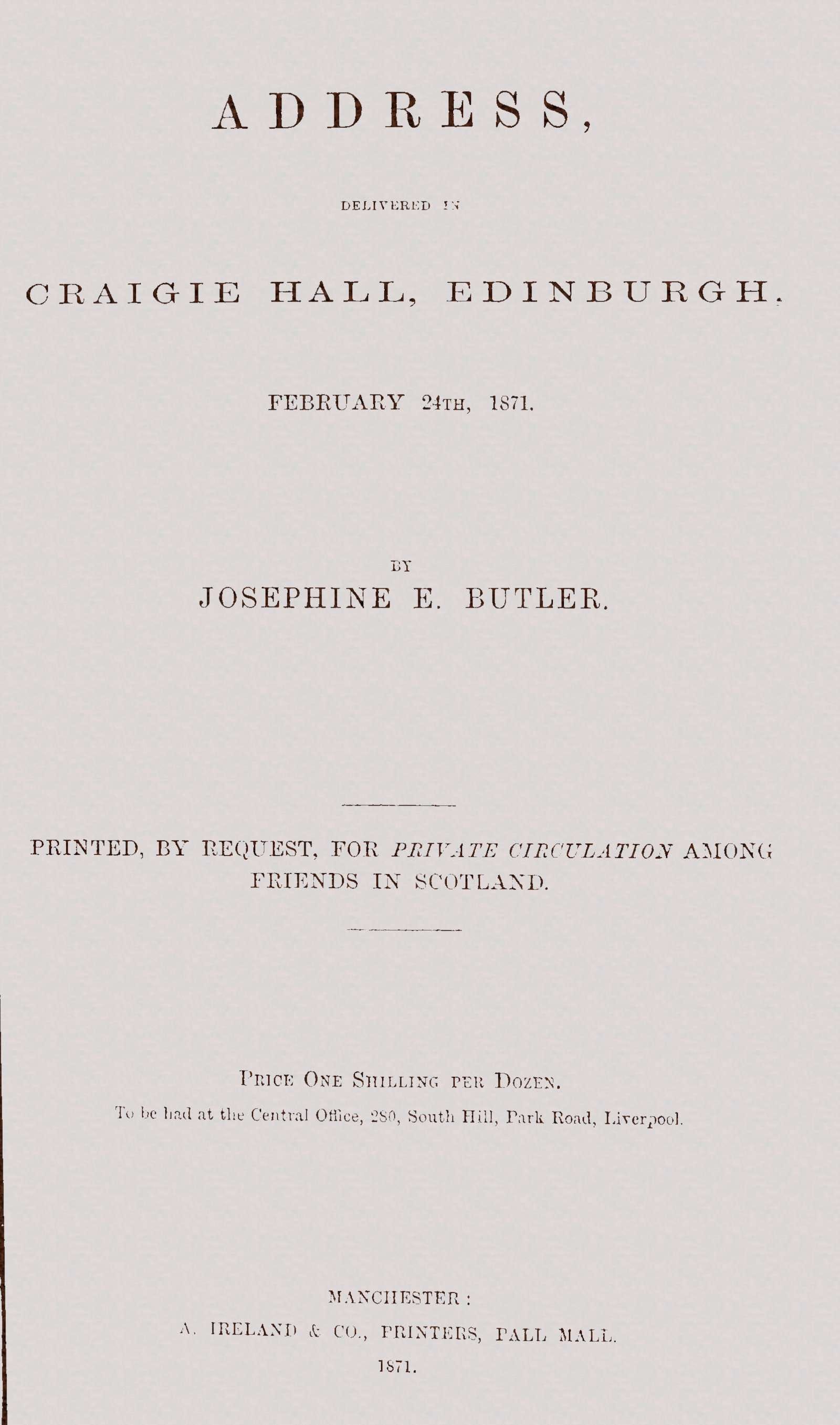 Address, Delivered in Craigie Hall, Edinburgh, February 24th, 1871